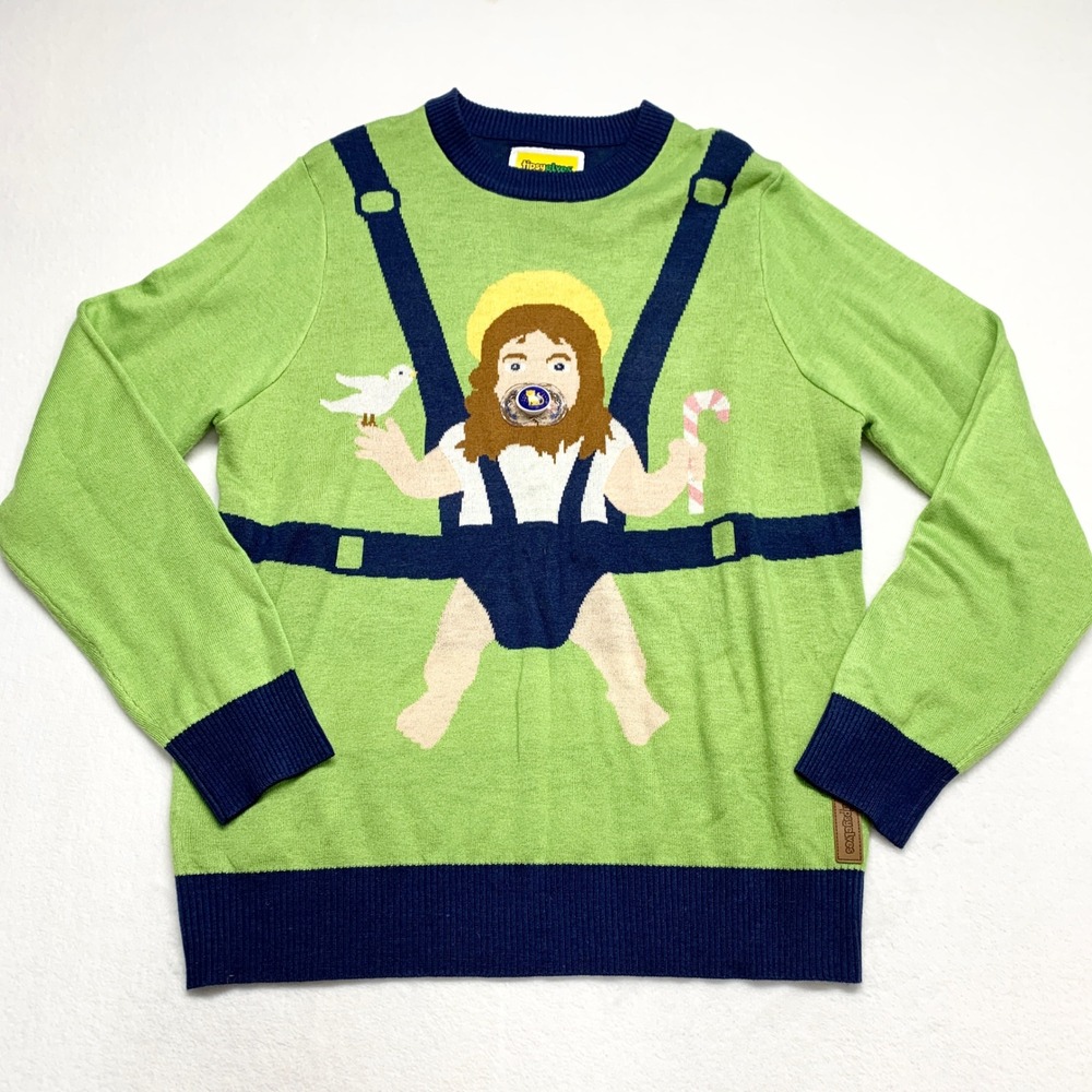 Tipsy Elves Baby Jesus Carrier Ugly Christmas Sweater Mens XL Green Size XL